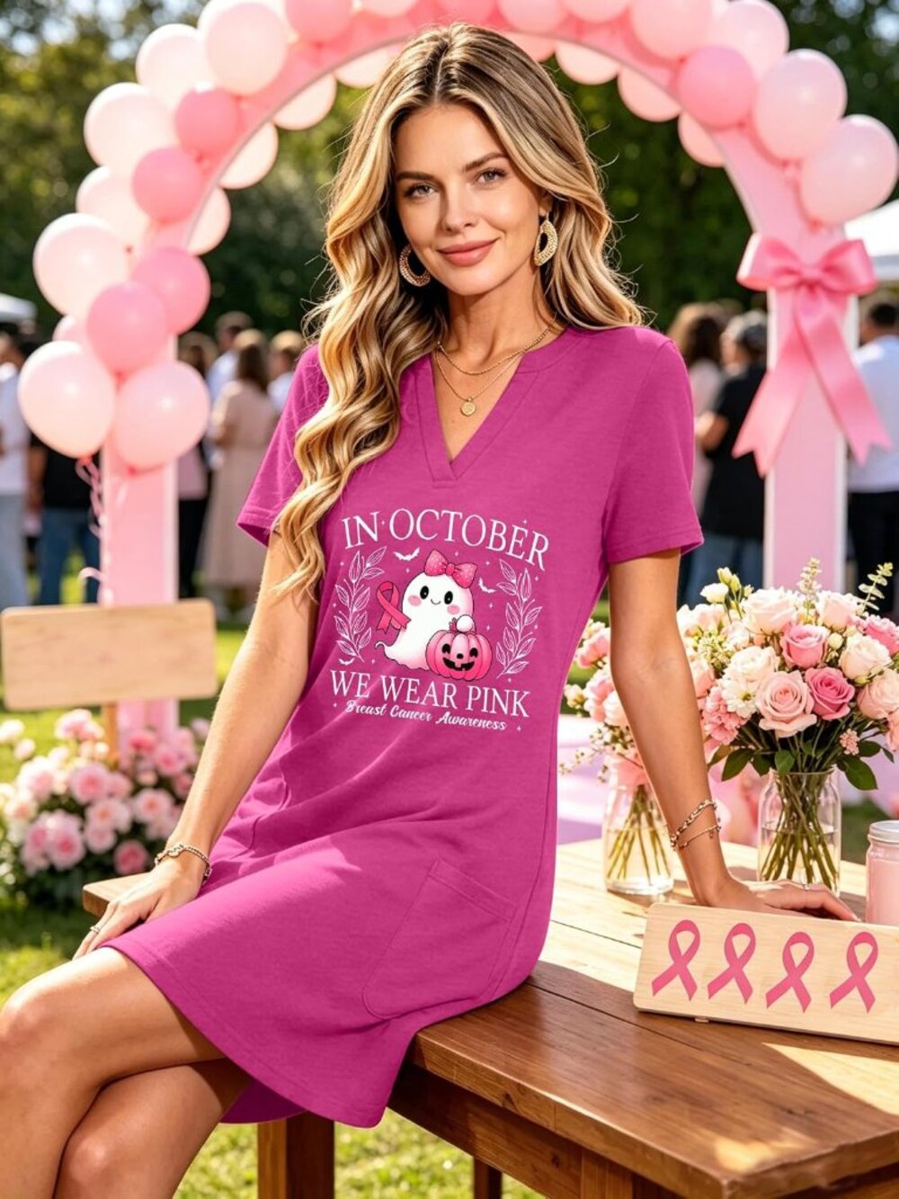 🎃Women's Pink Halloween Sundress A-Line V Neck Party Wear Pockets Casual Dress - Picture 3 of 6
